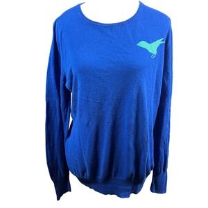 Old Navy Blue Bird Knit Sweater Women XL Tall Crew Neck Long Sleeve Cotton Blend